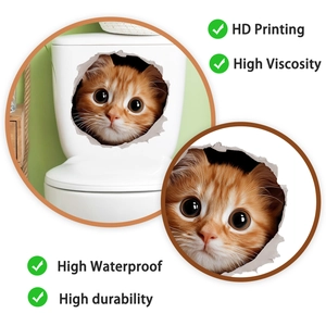 Detail showing waterproof HD 3D orange cat sticker with high viscosity on toilet lid