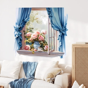 3D creative window wall sticker with pink roses and blue curtains for home decor