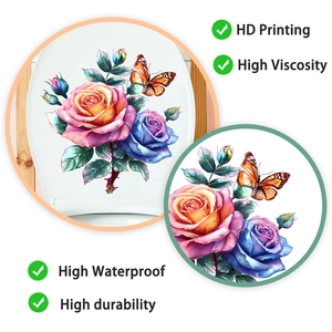 Detail of floral toilet decal with waterproof pink roses and lifelike orange butterfly sticker