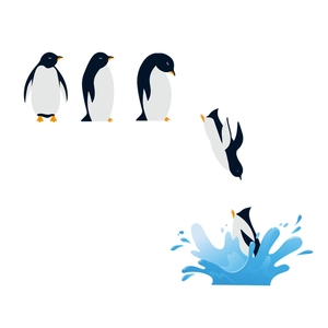 Cartoon penguin diving wall stickers in five motion steps for creative home decor