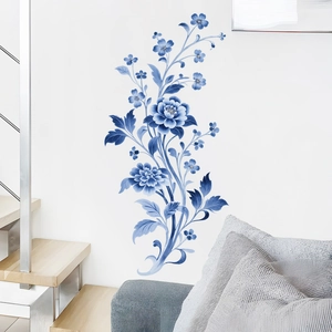 Self-adhesive blue peony wall stickers for modern living room home wall decoration
