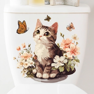 Cute Cat and Flower Toilet Sticker Waterproof PVC Self Adhesive Decal For Bathroom Toilet Tank And Lid Decoration