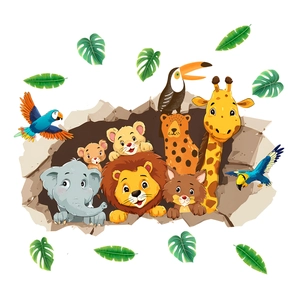 3D hole wall sticker with cartoon safari animals like lion and elephant for nursery room
