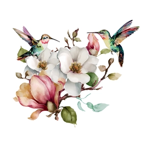 Sticker mural aquarelle avec colibris et fleurs de magnolia sur fond blanc