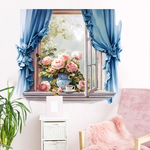 Detail of 3D window wall sticker with floral vase, blue curtains and coffee set scenery