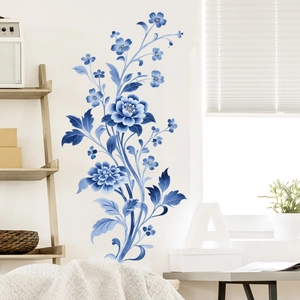 Detailed blue peony wall decal in porcelain style on a modern minimalist white wall