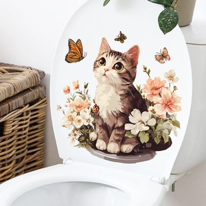 Cute tabby cat and floral toilet lid sticker with colorful flying butterflies