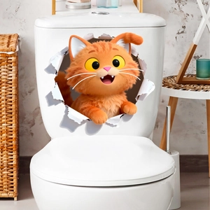 3D cute orange tabby cat toilet sticker with realistic cracked wall effect for bathroom