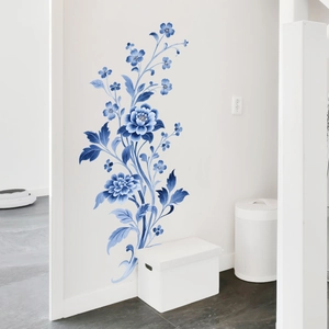 Detail of blue peony wall sticker in porcelain style for elegant home decor