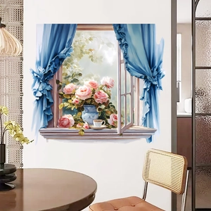 3D faux window wall sticker with pink roses and blue curtains in a cozy living room scene