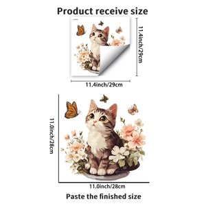 Cute calico cat and pink flowers toilet lid sticker decoration with butterfly motifs