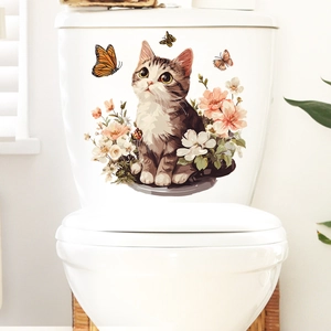 Cute tabby cat wall sticker with flowers and butterflies for toilet tank decoration