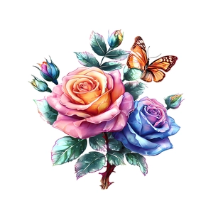 Floral self-adhesive toilet sticker with colorful roses and butterfly for bathroom decoration