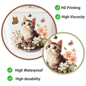 Close-up of cute floral kitten sticker showing HD printing quality and waterproof texture