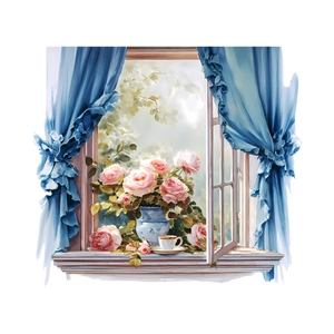 3D faux window wall sticker with oil painting pink roses and blue curtains for home decor
