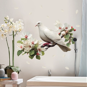 Creative wall sticker with white dove and floral branches for home wall decor