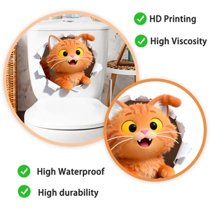 Detail of waterproof 3D orange cat wall sticker with high definition printing and durability