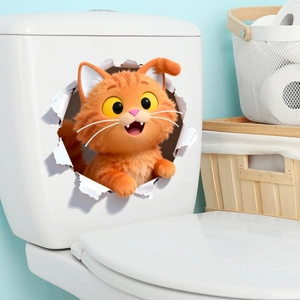 Detail view of a 3D cute orange cat toilet sticker with realistic wall break effect