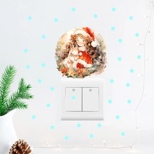 Detailed Christmas wall sticker set featuring a girl with reindeer and small stars