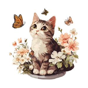 Cute brown tabby kitten toilet lid sticker with colorful flowers and butterflies