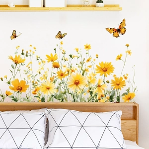 Yellow Daisy Flower And Butterfly Wall Stickers Removable PVC Self Adhesive Wall Decals For Living Room Bedroom Home Decoration