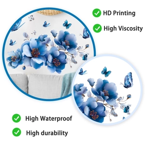 Detail view of high-definition floral wall stickers showing waterproof blue flower patterns