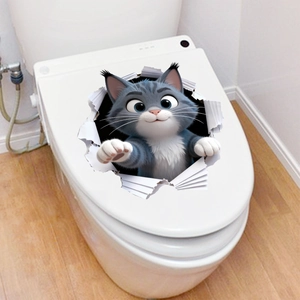 Adesivo murale 3D con gatto carino che sembra rompere la superficie di un wc bianco