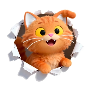 3D cute orange cat bursting through wall sticker for bathroom and home decor decal