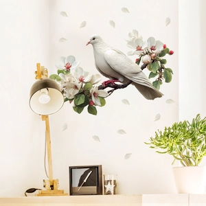 Detailed wall sticker featuring a white dove perched on a blooming branch with fallen petals