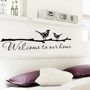 Adesivo murale Welcome to our home con uccelli e rami per decorazione camera
