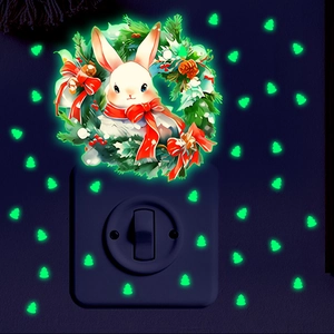 Luminous wall stickers featuring a cute white rabbit in a Christmas wreath and small trees