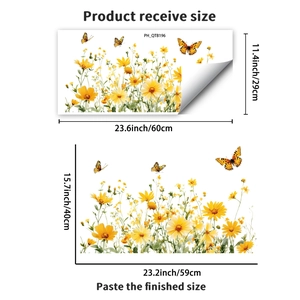 Yellow floral and butterfly wall sticker with dimensions for receive and finished size.