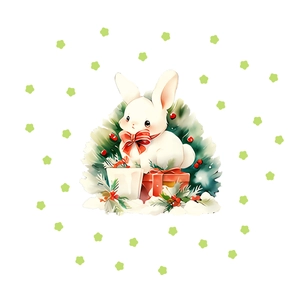 Luminous cartoon rabbit wall sticker with red bow and Christmas elements on white background