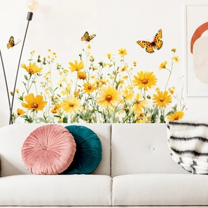 Self-adhesive wall stickers with yellow daisies and butterflies for home wall decoration
