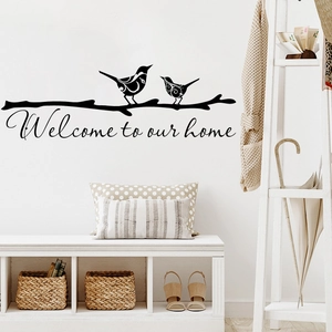 Adesivo murale Welcome to our home con uccelli e rami per la decorazione della casa