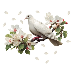 Creative wall sticker with white dove on blooming branch and falling petals