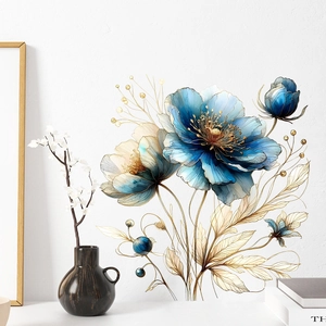 Stickers Muraux Modernes en PVC Feuilles de Fleurs Bleues Autocollants Imperméables Décalcomanies d'Art Pour Chambre Salon Décoration Maison