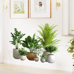 Detail of 7 green potted plant wall stickers featuring Nordic minimalist home decoration style