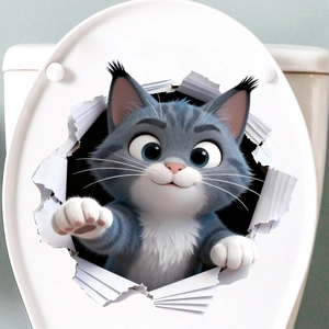 Dettaglio di un adesivo per gatti 3D con effetto muro rotto realistico su coperchio WC