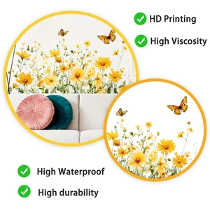 Detail of waterproof wall sticker with yellow daisies and butterflies in HD printing
