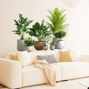 Detail view of tropical plant wall stickers featuring Boston ferns and potted greenery decor