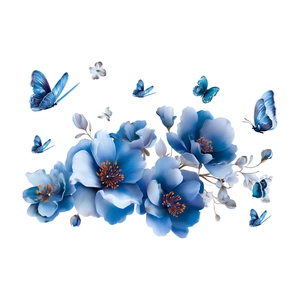 Dreamy blue floral and butterfly wall stickers for home decor on a clean white background