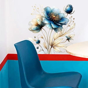 Stickers muraux fleurs bleues et blanches avec feuilles dorées pour décor