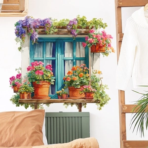 3D pastoral window view wall sticker with potted flowers for living room wall decor