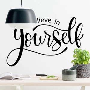 Believe in yourself motivational black wall sticker in a minimalist dining room scene