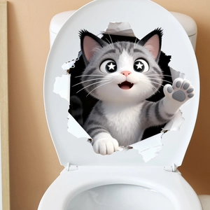 Adesivo 3D con gattino tigrato grigio che rompe il coperchio di un water bianco