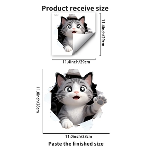 Adesivo da parete gatto 3D che mostra le dimensioni del prodotto ricevuto e applicato