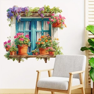3D watercolor window wall decal with colorful flower pots and hanging plants on white wall