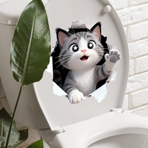 Adesivo gatto grigio 3D su coperchio WC bianco per decorazione murale della casa