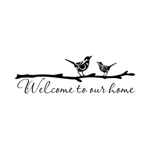Adesivo da parete Welcome to our home con uccelli su rami dal design nero minimalista